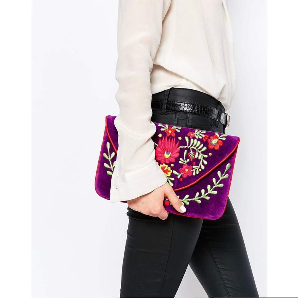 Moyna Velvet Envelope Clutch Bag With Embroidery